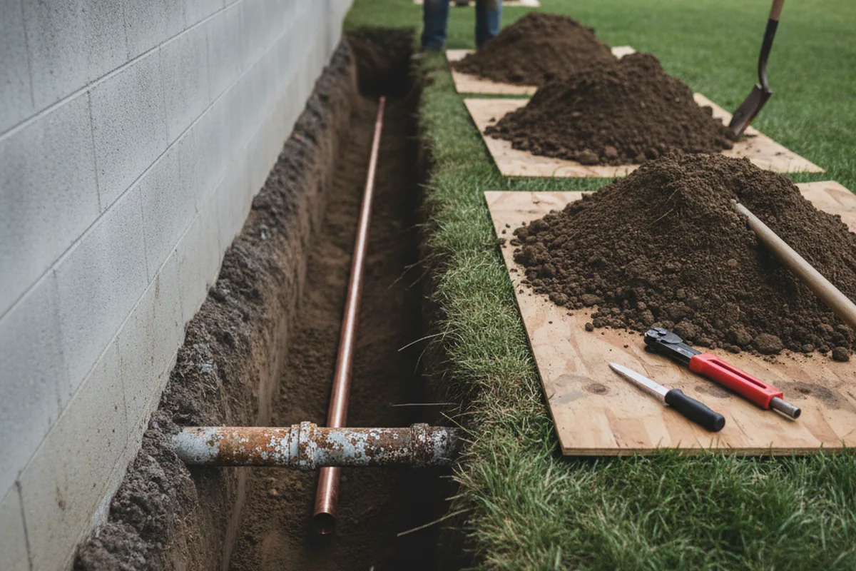 Excavated water line trench during Sewer Line Repair in Inkster